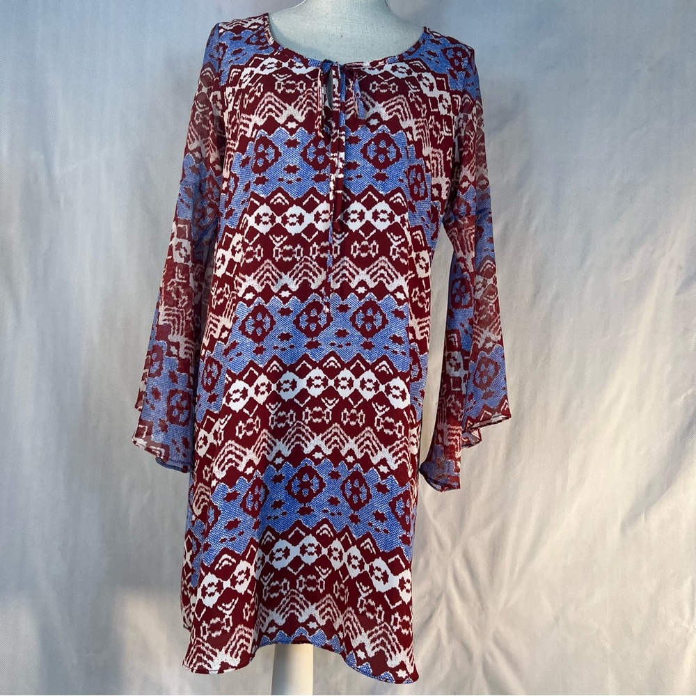 Voom by Joy Han Dress Aztec Print Blue Brown A Line Bell Long Sleeve USA EUC S 👍